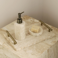 SAIDKOCC Plateau en pierre travertin beige Réception en marbre Vintage Salle de bain Vanité Plateau de service de luxe avec poignée en métal doré
