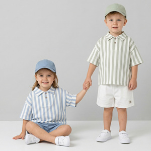 Ensemble de shorts pour garçons en tissu tricoté d'été décontracté 100% coton, motif géométrique coloré - Product Image 1