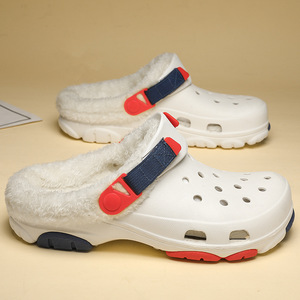 White Fleece Lined Croc Style <b>Clogs</b> With Thick Sole Mid Heel Outdoor Winter Sandals For Men - Product Image 1