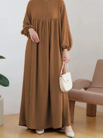 Robe longue plissée à taille haute pour femme, style abaya musulmane, décontractée, blanche, avec manches bouffantes