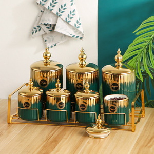 Luxus <span class=keywords><strong>Gold</strong></span> Heimküche 7er Keramikkanister Tee Kaffee Zucker Salzbehälter-<span class=keywords><strong>Set</strong></span> mit Bambusdeckel - Product Image 3