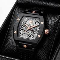Montre mécanique squelette tonneau avec cadran tête de mort, bracelet en silicone or rose, montre-bracelet automatique pour homme, idéale pour le quotidien et les soirées