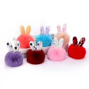 wholesale cute glitter bunny ears pink pom pom keychain ring plush fur ball keychains for girls