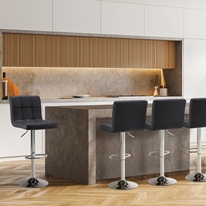 Tabourets de bar réglables et durables, siège matelassé en cuir PU noir, base chromée, chaises pivotantes pour usage commercial et domestique - Product Image 1