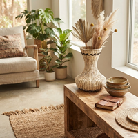 Vase à fleurs séchées en jonc de mer tressé fait main, vase de table en fibre de paille naturelle, décoration bohème pour la maison, vente en gros OEM, vase tressé