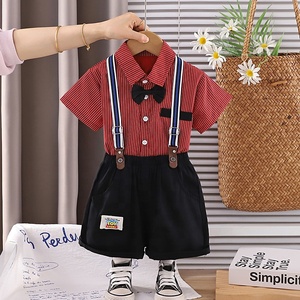 Ensemble de vêtements pour garçons en bas âge, chemise rayée à manches courtes, nœud papillon, short à bretelles, <span class=keywords><strong>tenue</strong></span> formelle d'été - Product Image 2