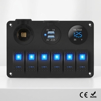 Panneau d'interrupteurs à bascule étanche 12V en aluminium 6 voies avec LED bleue, chargeur USB 2 ports et voltmètre