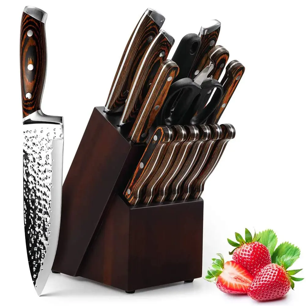 Горячая Amazon 15 шт Япония из нержавеющей стали набор кухонных ножей с деревянным блоком ручное затачивающее для нож шеф-повара