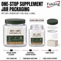 Emballages personnalisés en PET transparent RPET pour compléments alimentaires, design carré, bouchon à vis, étiquette avec joint en feuille d'aluminium, recyclable, fabrication OEM ODM