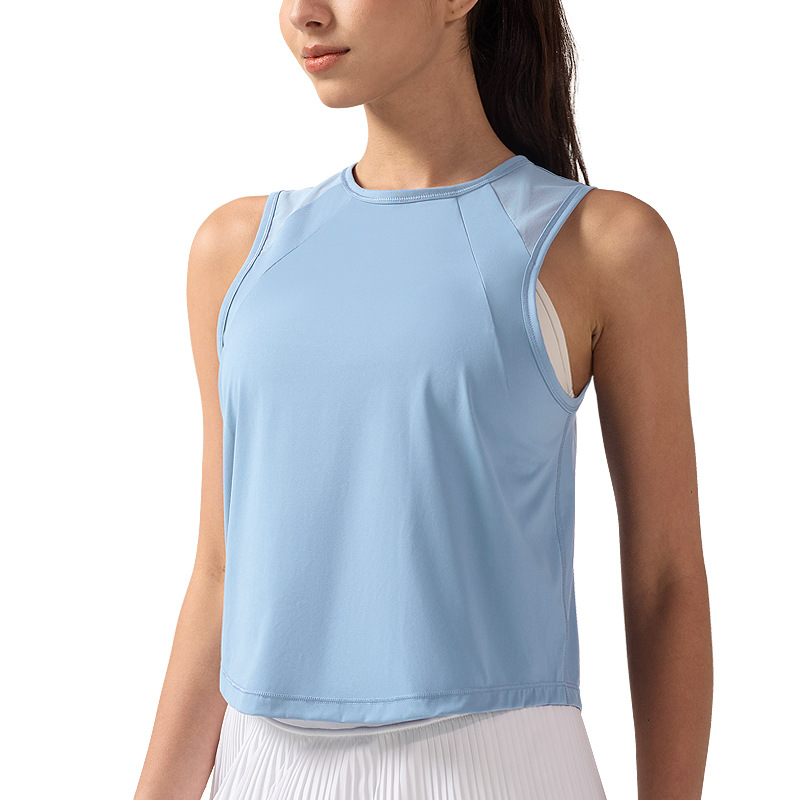 Short sports vest with women's mesh core, quick drying, breathable sleeveless yoga suit top, casual round neck cover shirt