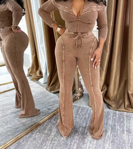 Viviblook Z1126ST15 Tenues pour femmes grandes tailles, haut court à manches longues avec fermeture éclair et patchwork, pantalon, ensemble de survêtement en deux pièces à côtes - Product Image 5