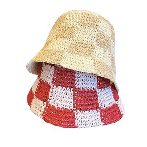 แฟชั่นผู้หญิงฤดูร้อนมือโครเชต์แพทช์ทํางานไล่ล่าลายสก๊อตพับกระดาษฟางหมวกถัง - Product Image 3