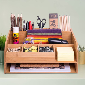 Organizador de escritorio de bambú con cajón, caja de almacenamiento multicompartimento de 34x24x15cm para papelería de oficina y pañuelos - Product Image 5