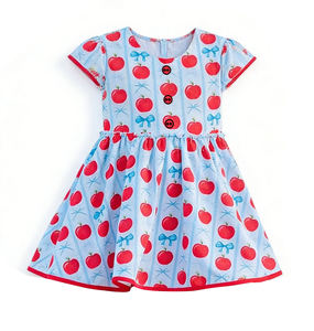 GSD3577 Custom Baby <b>Girl</b> Summer Blue bows red apple Print short Sleeve Knee-Length Breathable <b>Dress</b> Wholesale - Product Image 1