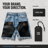 Shorts en jean tricoté pour homme, style streetwear décontracté, taille mi-haute, avec patchs étoiles, motif léopard, clous, épingles de sûreté, bords effilochés et boutons