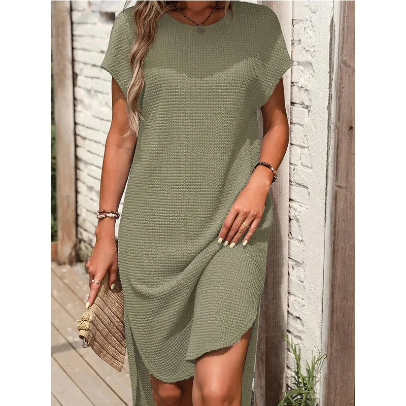 Women Summer Casual Dress Green Waffle Texture Curved Hem Side Slit T-shirt Dress