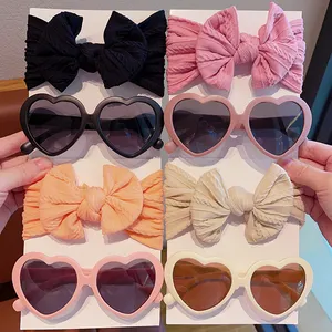 Hot Sale New Heart Shaped Kid 2023 Sunglasses With Headband Set Kid Sun Glasses Nylon Baby Headband and Bows Baby Gift