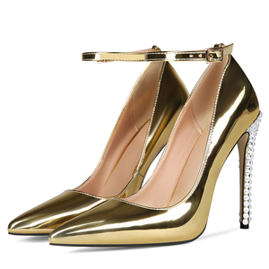 Escarpins dorés vernis grande taille 47 pour femme, sexy, à bride cheville, bout pointu, coupe large, ornés de diamants, talons aiguilles - Product Image 3