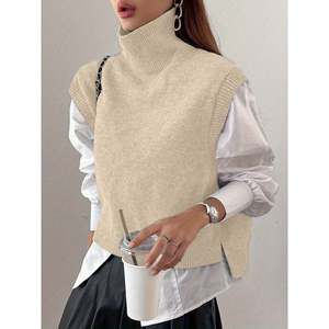 Chaleco de punto de lana con cuello simulado y abertura lateral, color albaricoque, para mujer, ropa exterior informal - Product Image 2