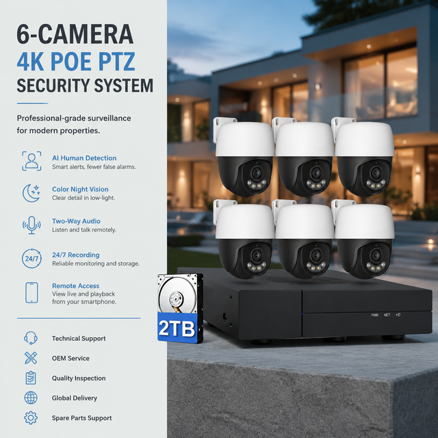 8 Channel 4K H265 Network Video Recorder System 6PCS 8MP PoE PTZ Cameras CMOS Sensor Human Detection Auto Tracking HDD Storage
