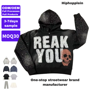 Custom <b>Thick</b> <b>Fleece</b> Heavy Weight Oversized Zip Up Rhinestone Wash Acid Print Logo Hoodies & Sweatshirts Clothing Manufacturer - Product Image 1