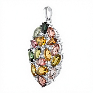 Natural Multi Color Tourmaline Pendant Rhodium Plated 925 Sterling <b>Silver</b> Prong Set Accents Women's Luxury Jewelry - Product Image 2