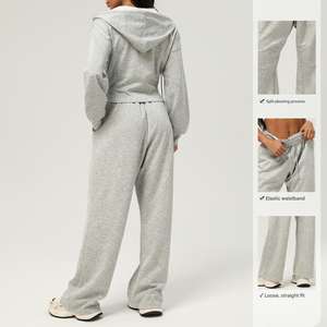 Setelan Olahraga Wanita Musim Gugur/Dingin Grosir 2 Potong, Setelan Sweatshirt Ritsleting dan Celana Olahraga Kaki Lebar - Product Image 4