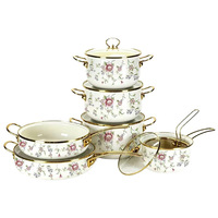 Ensemble de casseroles en émail à motif floral européen, bord doré, double poignée, pot à soupe et à ragoût en émail, compatible avec les cuisinières à induction