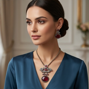 DIVYORO Conjunto de Joyería con Motivo de Pavo Real y Gema de Rubí Oscuro, Joyería Étnica Tradicional Oxidada para Mujer, Diseño de Boutique - Product Image 4