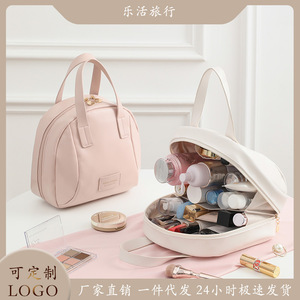 Lehuo Travel Women's <b>Large</b> Capacity Makeup <b>Bag</b> Solid Color Soft Handle <b>Cosmetic</b> Case for Skincare Travel Toiletries Handbag - Product Image 2