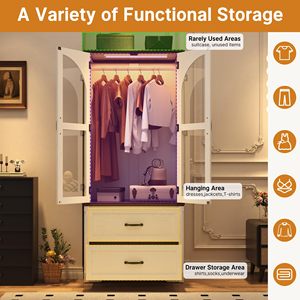 Armario SENYU Estilo Rústico Blanco con Puertas de Vidrio Arqueadas, Armario con Luces LED y Barra para Colgar, Mueble de Almacenamiento de Madera para Dormitorio - Product Image 6