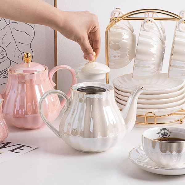 8 OZ Cups and Saucer Service Porcelain Tea Sets with Teapot Sugar Bowl Cream Pitcher Teaspoons and Tea Strainer for Tea Coffee