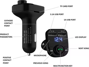 Chargeur de voiture mains libres, adaptateur audio MP3 sans fil BT FM radio, double port USB compatible - Product Image 2