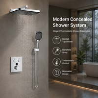Kit de douche mural moderne carré chromé à deux fonctions avec robinet à main intégré, bouton de commande thermostatique et jet pluie