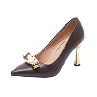 Damen Braune Spitze Pumps 9cm Metall Dünner Absatz Gold Schleifendekor Kleid High Heels Schuhe Maßanfertigung OEM ODM Damen Stiletto Pumps