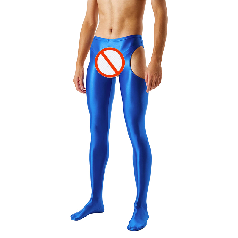 Blue Unisex Glossy Crotchless Pantyhose Footed Leggings