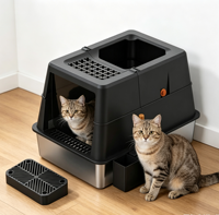 Nouvelle conception de bac à litière pour chat en acier inoxydable avec pelle, design à bords hauts et dessus ouvert, toilette pour chat écologique