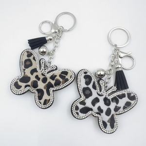 Cross-Border Japanese Korean Style Metal Keychain Creative Diamond-Studded Leopard Butterfly Hot-Studded Diamond Horsehair Bag