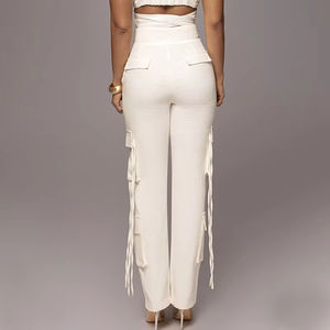 Abiti alla moda estivi Casual a <span class=keywords><strong>vita</strong></span> <span class=keywords><strong>alta</strong></span> da <span class=keywords><strong>donna</strong></span> con 6 tasche bianco da lavoro Casual <span class=keywords><strong>pantaloni</strong></span> in bianco - Product Image 3