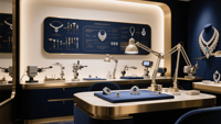 Conception d'intérieur de boutique de bijoux de luxe sur mesure, aménagement complet, présentoirs, vitrines en verre, luminaires LED, solution tout-en-un