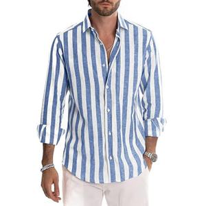 Chemise en lin pour homme, décontractée, à manches longues, boutonnée, rayée, chemise formelle - Product Image 3
