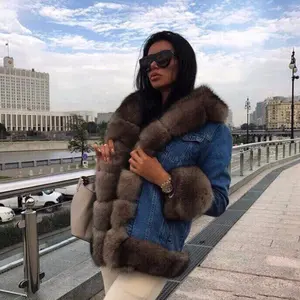 Phụ Nữ Của Borg Áo Denim Dài Tay Áo Nút Lông Cừu Bất Fox Fur Trim Cổ Áo Jean Áo Khoác Lông Thỏ Lót Ấm Parka Áo Khoác