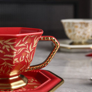 Tasse à café et soucoupe octogonales dorées <span class=keywords><strong>Mandala</strong></span>, tasse en céramique de haute qualité au design exquis avec bordure dorée à la main - Product Image 6