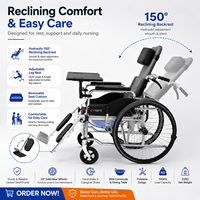 Fauteuil roulant entièrement inclinable avec lit d'appoint et table à manger, dossier hydraulique, repose-jambes réglable, pneus épais et solides, et double frein