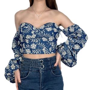 OEM Nouveau Top Court Sexy à Manches Longues et Épaules Dénudées Brodé pour Femme - Product Image 1