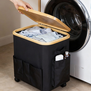 Fabric Wheeled Laundry <b>Basket</b> <b>Rectangle</b> Black And Off White Collapsible Clothing Organizer With Wheels For Bathroom <b>Storage</b> - Product Image 3