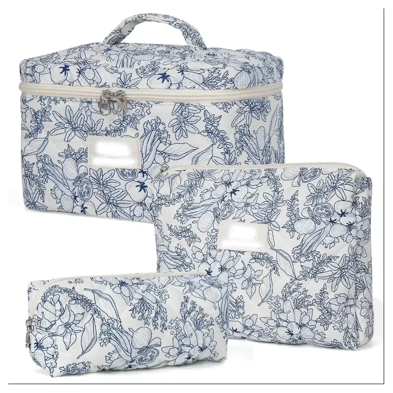 Grande trousse de toilette de maquillage matelassée coquette sacs à cosmétiques de voyage esthétique pochette de beauté florale motif personnalisé