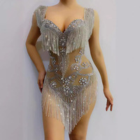 Mini-robe sexy argentée à franges en strass pour femme, robe moulante transparente en cristal scintillante, tenue de soirée courte pour la scène