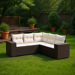 Ensemble de canapés de jardin en rotin brun, acier thermolaqué, polyester, mobilier d'extérieur imperméable, design contemporain - Product Image 2