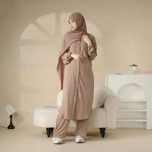 Dubai türkiye yakın Abaya Kaftan mütevazı Retro tarzı kadın Maxi elbise gevşek uzun pantolon ile 2-Piece rahat seti - Product Image 3